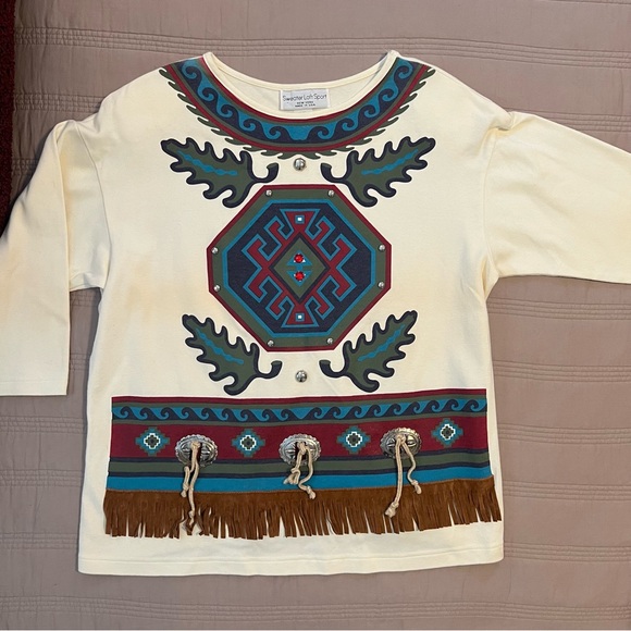 Sweater Loft Sport Cream Southwestern Style Top Fringe Aztec - Picture 4 of 9